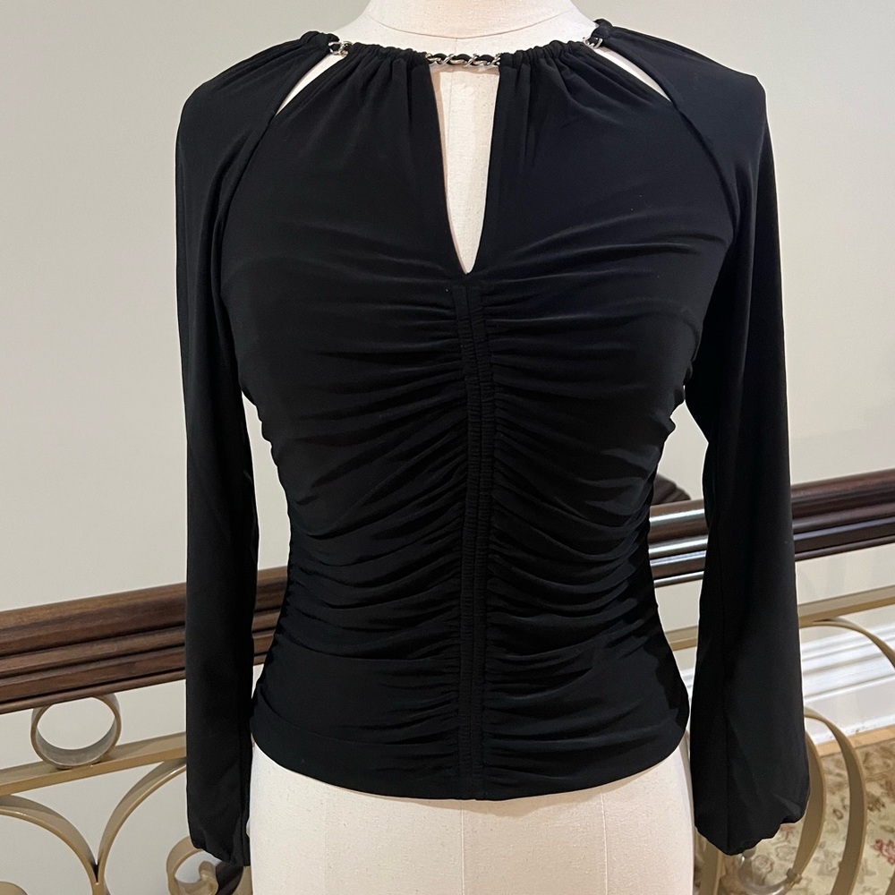 NWT White House Black Market Long Sleeve Ruched Chain Matte Black Jersey Top - Picture 5 of 7